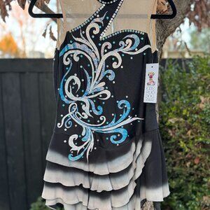 Custom Handmade Figure Skating Dress – Black & Ice Blue Rhinestone Design–Ombre